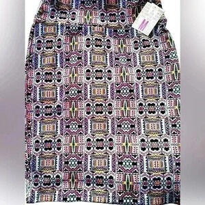 Lularoe medium aztec blue & black Cassie pencil‎ skirt. NWT. Red & yellow accent